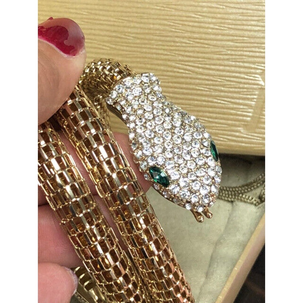 Fabulous Goldtone Mesh Triple Coil Jeweled Snake Bracelet in Box